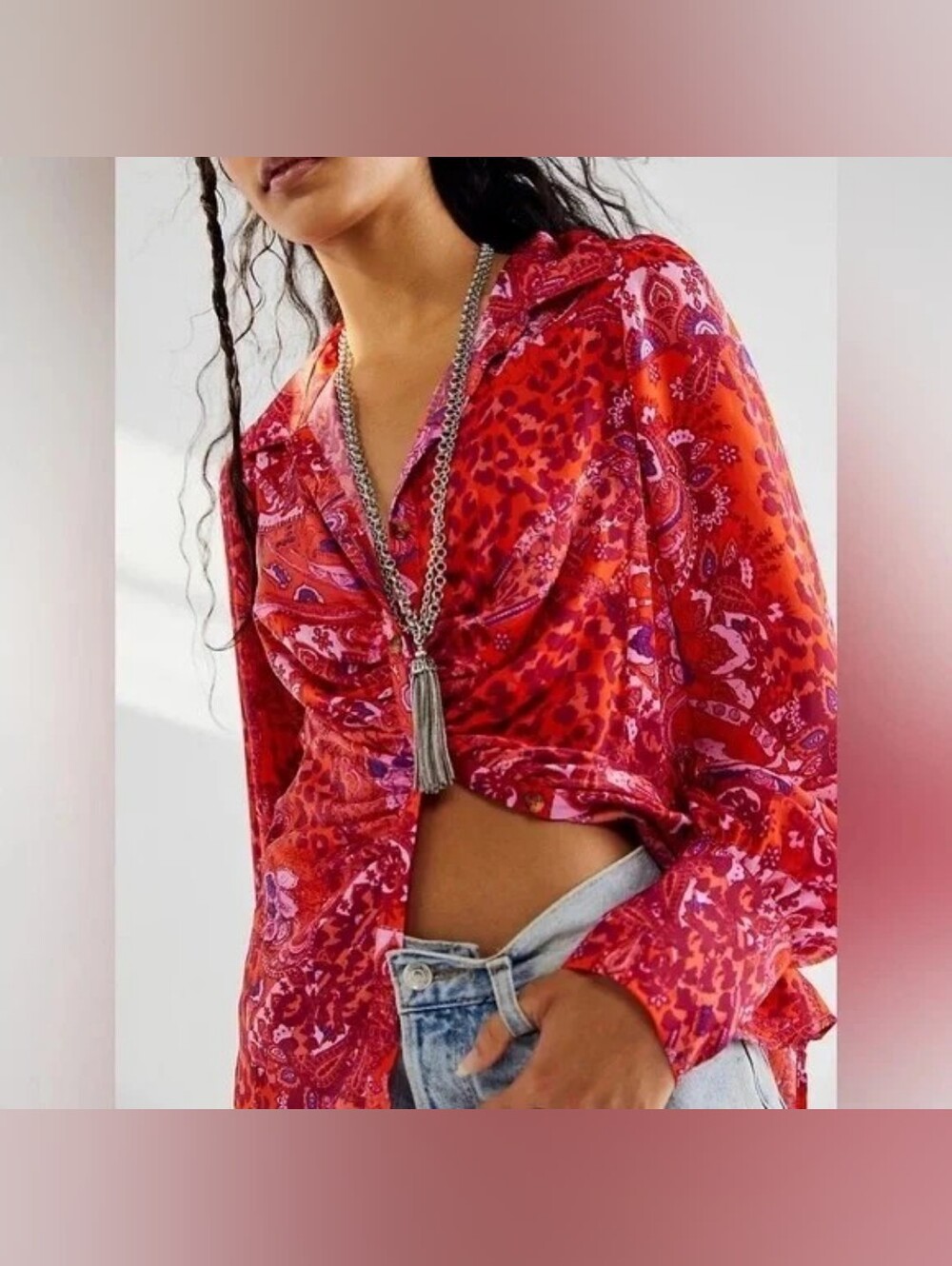 Free People Red Pink Paisley Animal Print Button-Down Shirt - Size Small